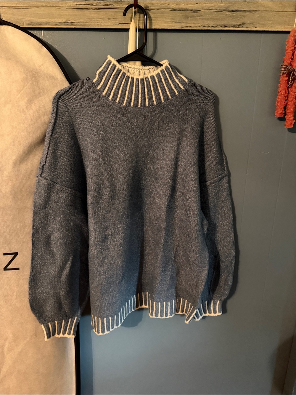 Blue Contrast-Rib Turtleneck Sweater